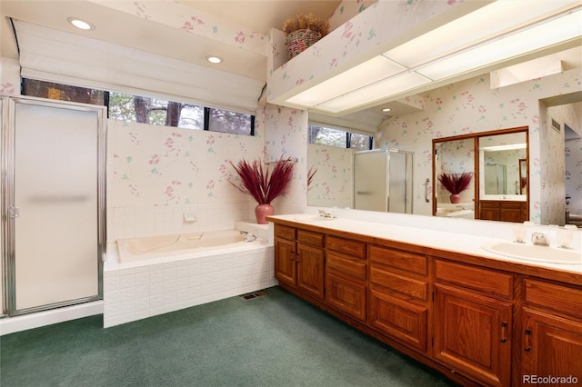 7500 E Dartmouth Ave Unit 16, Denver, CO 80231 - bathroom with wallpapered walls, carpet floors, a shower stall, double vanity, and a bath