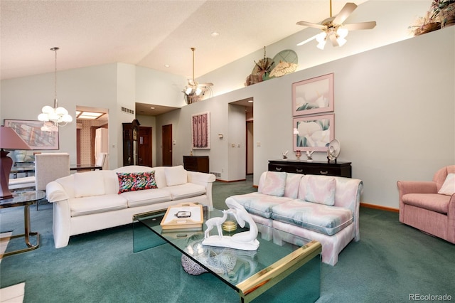 7500 E Dartmouth Ave Unit 16, Denver, CO 80231 - carpeted living area featuring a chandelier, lofted ceiling, ceiling fan, and baseboards