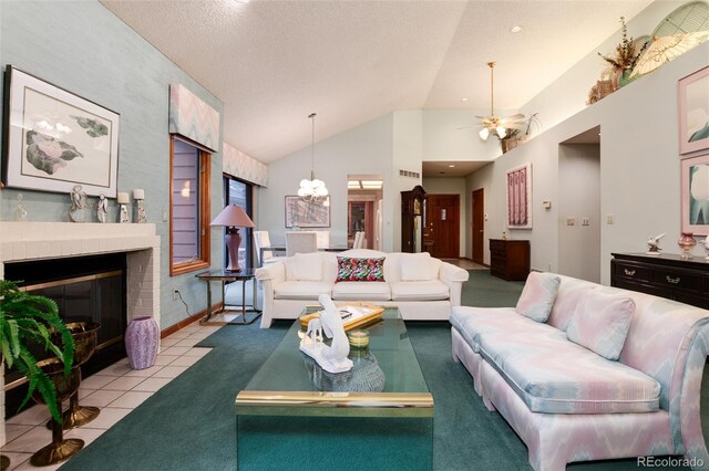 7500 E Dartmouth Ave Unit 16, Denver, CO 80231 - living area featuring lofted ceiling, a chandelier, ceiling fan, a fireplace, and light tile patterned floors