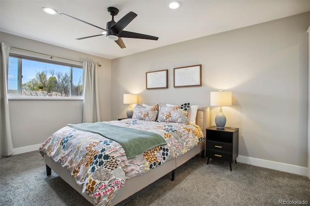 bedroom featuring baseboards, carpet flooring, ceiling fan, and recessed lighting