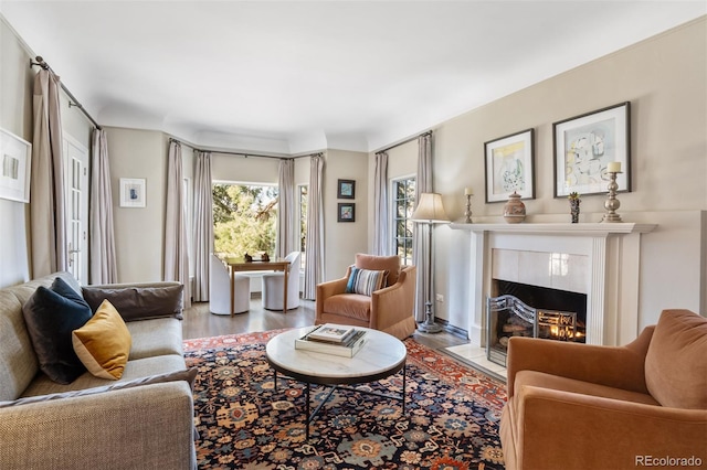 living area featuring a fireplace and light wood-style flooring