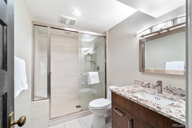 full bath with visible vents, vanity, a shower stall, and toilet