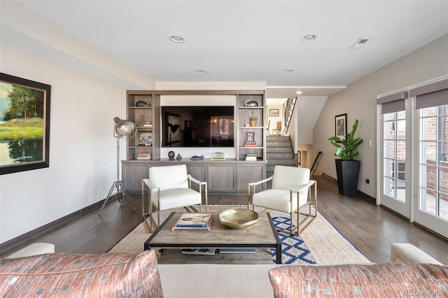 290 Dexter St, Denver, CO 80220 - living room with dark wood-type flooring, stairway, and recessed lighting