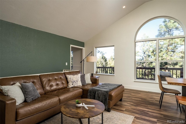 living room featuring vaulted ceiling, plenty of natural light, and dark wood-type flooring