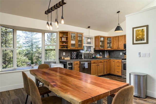 kitchen featuring lofted ceiling, hanging light fixtures, stainless steel appliances, hardwood / wood-style floors, and decorative backsplash