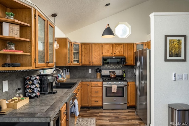 kitchen featuring sink, appliances with stainless steel finishes, backsplash, dark hardwood / wood-style floors, and decorative light fixtures