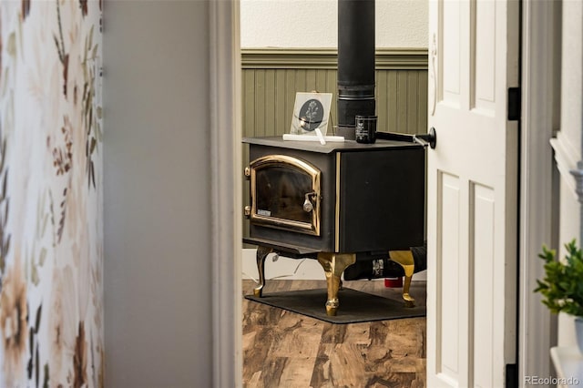 room details featuring a wood stove