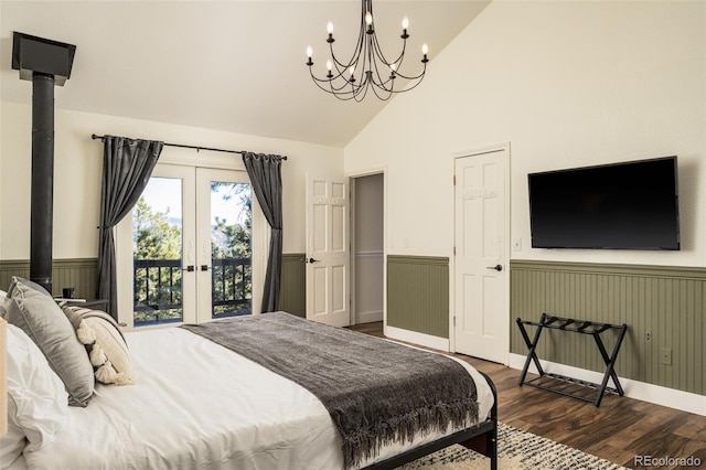 bedroom with dark wood-type flooring, access to exterior, high vaulted ceiling, and french doors