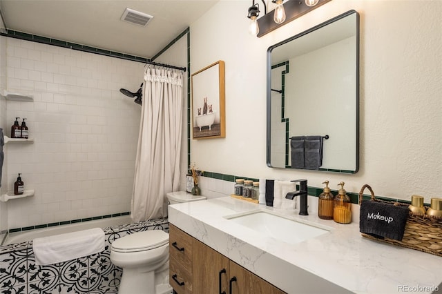 full bathroom with vanity, toilet, shower / tub combo, and backsplash