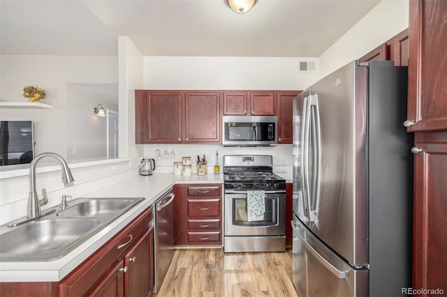 kitchen with appliances with stainless steel finishes, a sink, reddish brown cabinets, a peninsula, and light countertops