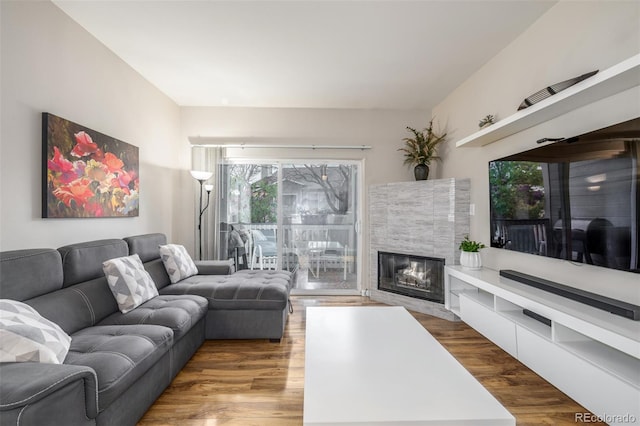 living room featuring wood finished floors and a tile fireplace