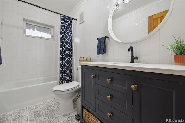 31551 Black Widow Dr, Conifer, CO 80433 - full bath with vanity, tile patterned flooring, shower / bath combo with shower curtain, and crown molding