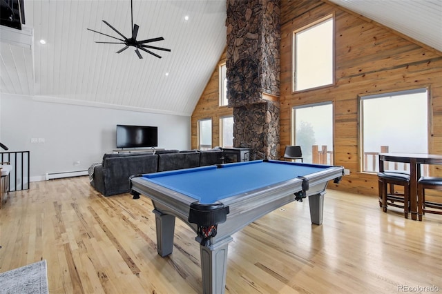 31551 Black Widow Dr, Conifer, CO 80433 - recreation room featuring high vaulted ceiling, a baseboard radiator, a ceiling fan, pool table, and light wood-style floors