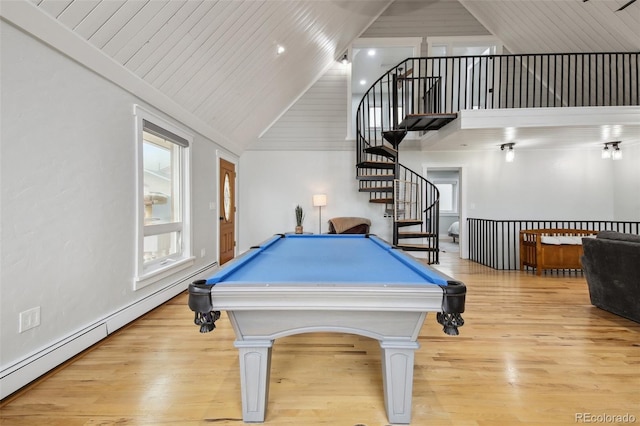 31551 Black Widow Dr, Conifer, CO 80433 - recreation room with high vaulted ceiling, wood ceiling, baseboard heating, pool table, and light wood-type flooring