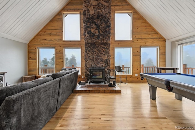 31551 Black Widow Dr, Conifer, CO 80433 - recreation room with high vaulted ceiling, wooden walls, light wood-type flooring, pool table, and wooden ceiling