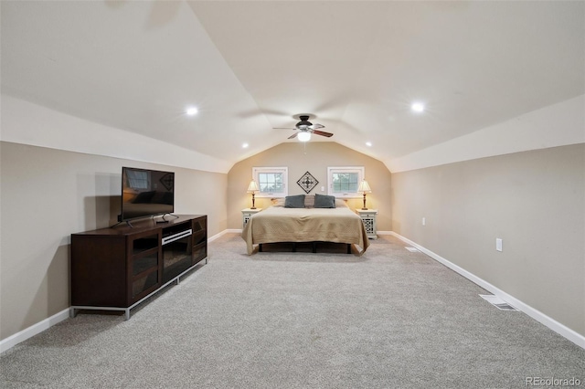 31551 Black Widow Dr, Conifer, CO 80433 - bedroom featuring vaulted ceiling, carpet floors, ceiling fan, and recessed lighting
