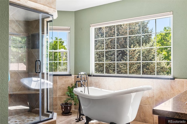 6858 Otis Ct, Arvada, CO 80003 - full bath with tile walls, a shower stall, a freestanding bath, tile patterned flooring, and vanity