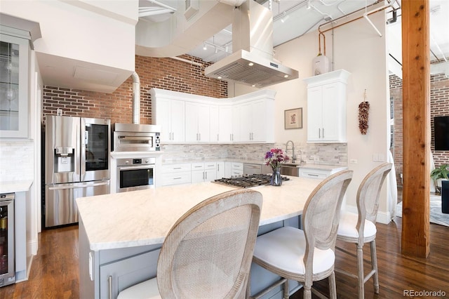 kitchen featuring tasteful backsplash, dark wood finished floors, appliances with stainless steel finishes, and island range hood