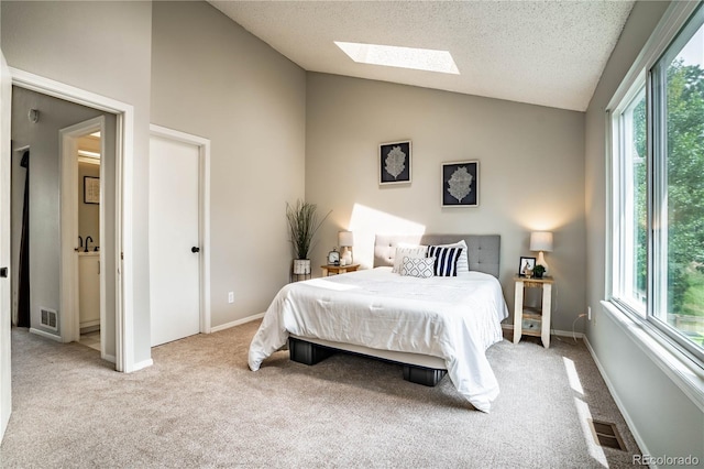 bedroom featuring light carpet, a textured ceiling, lofted ceiling with skylight, and multiple windows