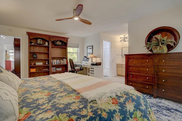 carpeted bedroom with ceiling fan and connected bathroom