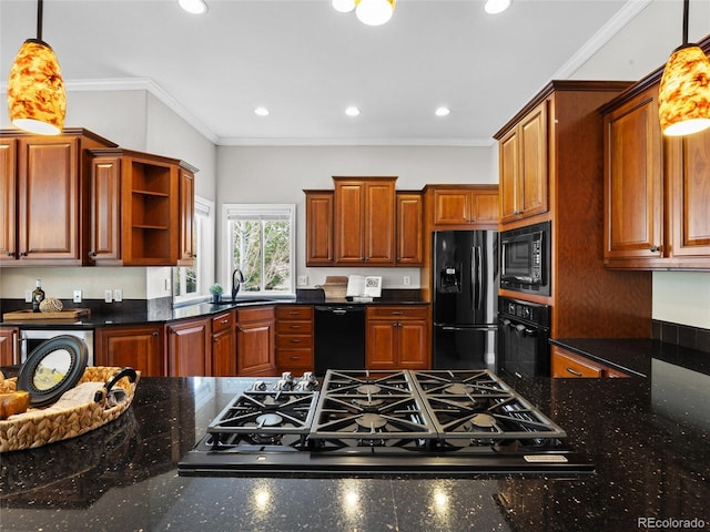 kitchen with open shelves, a sink, dark stone counters, pendant lighting, and black appliances
