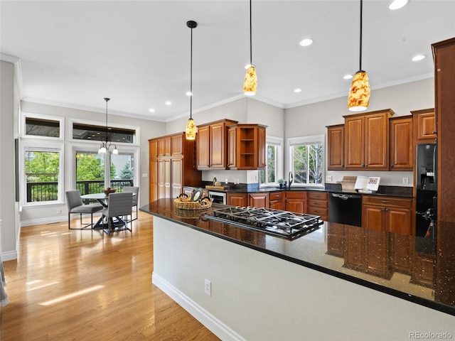 kitchen with open shelves, a sink, black appliances, light wood-style floors, and recessed lighting