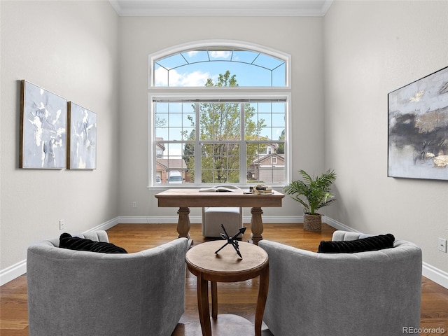 living area featuring baseboards, ornamental molding, and wood finished floors