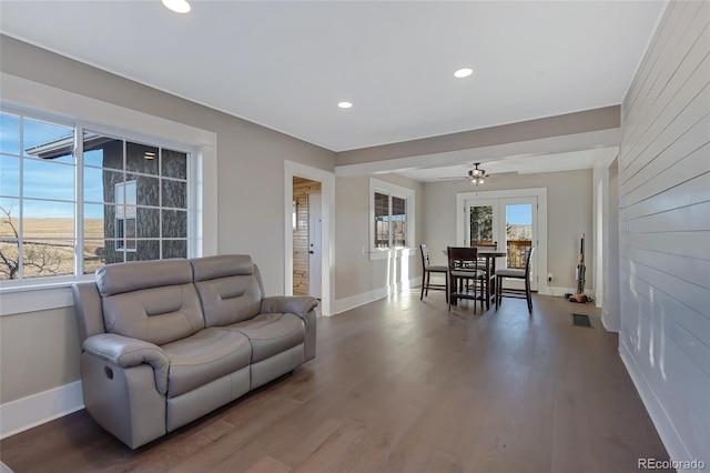 living room with a wealth of natural light, ceiling fan, and wood-type flooring