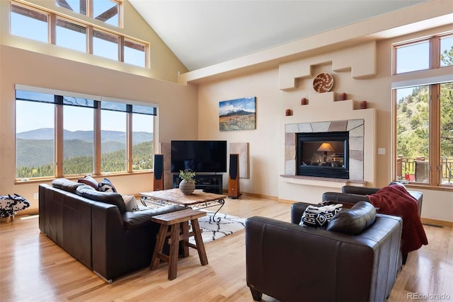 33095 Bergen Mountain Rd, Evergreen, CO 80439 - living area featuring high vaulted ceiling, a high end fireplace, light wood-type flooring, and baseboards
