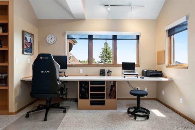 33095 Bergen Mountain Rd, Evergreen, CO 80439 - carpeted home office with rail lighting, baseboards, and lofted ceiling