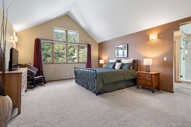 33095 Bergen Mountain Rd, Evergreen, CO 80439 - bedroom featuring light colored carpet, vaulted ceiling, and baseboards