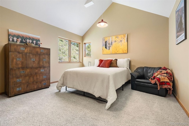 33095 Bergen Mountain Rd, Evergreen, CO 80439 - carpeted bedroom featuring baseboards and high vaulted ceiling