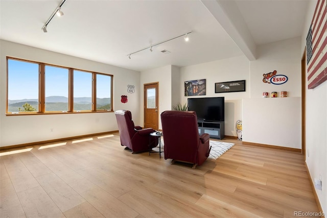 33095 Bergen Mountain Rd, Evergreen, CO 80439 - living room featuring track lighting, light wood-style floors, and a mountain view