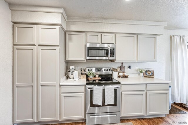 20000 Mitchell Pl Unit 9, Denver, CO 80249 - kitchen with a textured ceiling, light countertops, light wood-style flooring, and stainless steel appliances