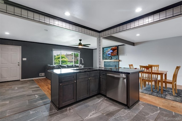 147 Wallace St, Northglenn, CO 80234 - kitchen featuring dishwasher, a sink, ceiling fan, open floor plan, and recessed lighting