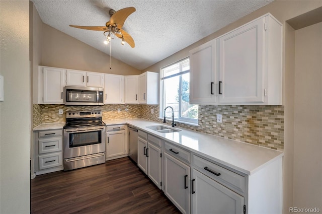 kitchen featuring vaulted ceiling, white cabinets, stainless steel appliances, dark hardwood / wood-style floors, and sink