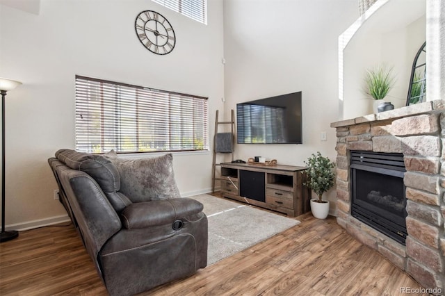 living room with hardwood / wood-style flooring, a towering ceiling, and a fireplace