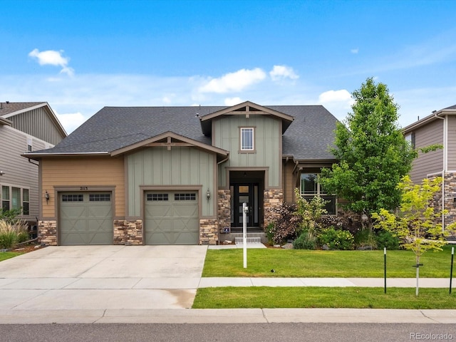 2113 Fountain Cir, Erie, CO 80516 - craftsman-style house featuring board and batten siding, a garage, concrete driveway, stone siding, and a shingled roof