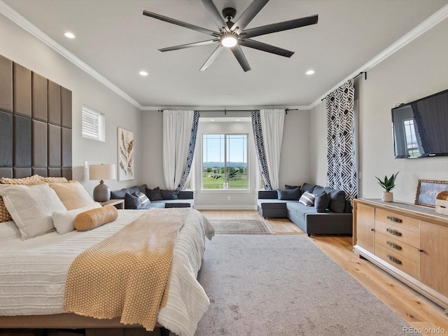 2113 Fountain Cir, Erie, CO 80516 - bedroom with crown molding, light wood-style flooring, recessed lighting, and ceiling fan