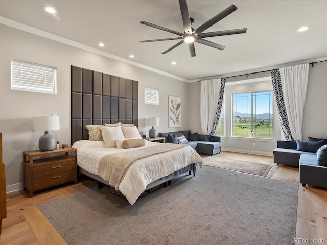 2113 Fountain Cir, Erie, CO 80516 - bedroom with crown molding, recessed lighting, baseboards, ceiling fan, and light wood-type flooring