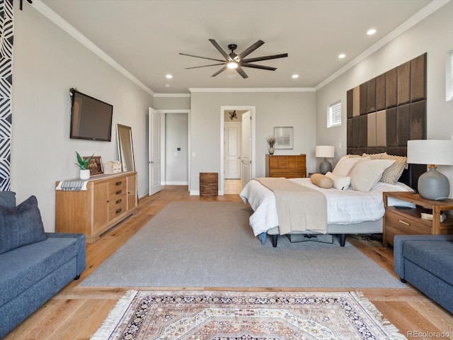 2113 Fountain Cir, Erie, CO 80516 - bedroom with light wood-style flooring, recessed lighting, ornamental molding, and ceiling fan