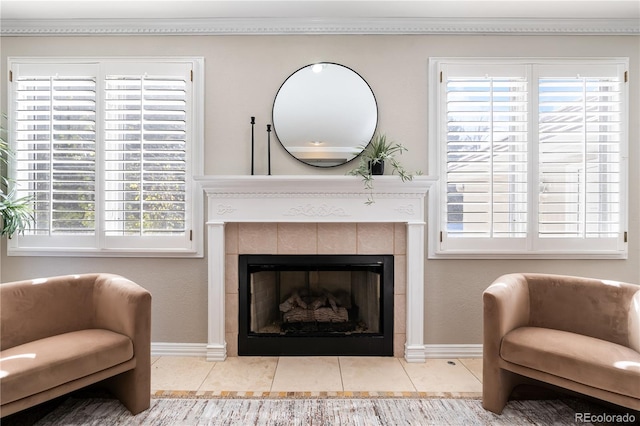 living area featuring light tile patterned flooring and a fireplace