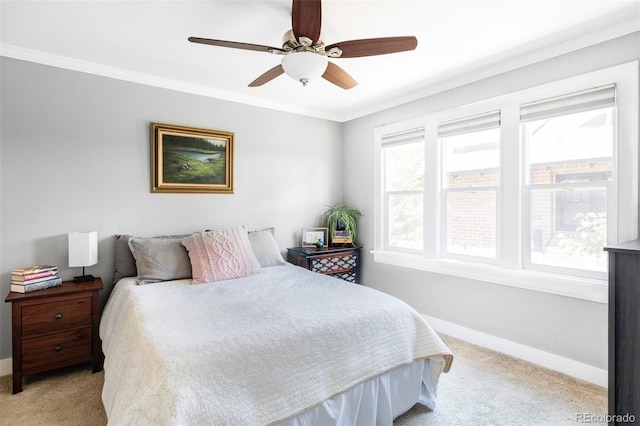 3509 N Monroe St, Denver, CO 80205 - bedroom with light colored carpet, ornamental molding, and ceiling fan