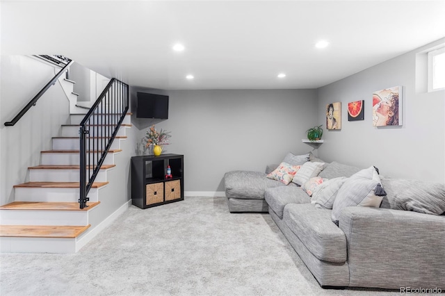 3509 N Monroe St, Denver, CO 80205 - carpeted living area with recessed lighting and stairs