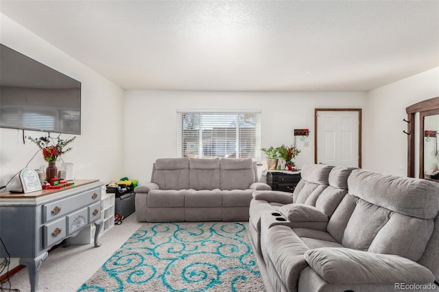 carpeted living room featuring a textured ceiling