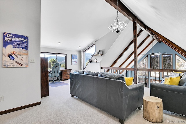 1567 Tapadero Rd, Bailey, CO 80421 - living room featuring light carpet, a chandelier, and a ceiling fan