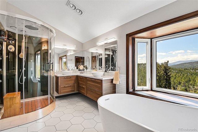 1567 Tapadero Rd, Bailey, CO 80421 - full bathroom with lofted ceiling, a shower stall, double vanity, a freestanding tub, and tile patterned flooring