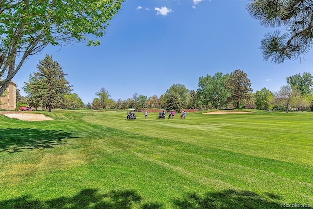 view of property's community featuring a lawn and view of golf course