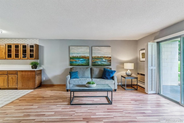 13626 E Bates Ave Unit 110, Aurora, CO 80014 - living room with light wood-style floors, a textured ceiling, baseboards, and a baseboard radiator