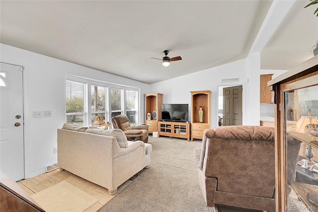 6631 E 78th Ave, Commerce City, CO 80022 - living room featuring ceiling fan, lofted ceiling, and visible vents